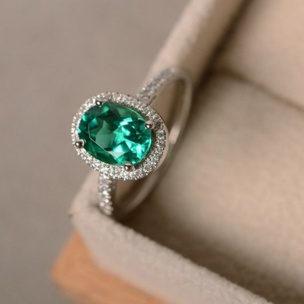 NEW Silver Emerald Diamond Halo Oval Cut Ring - Picture 2 of 6